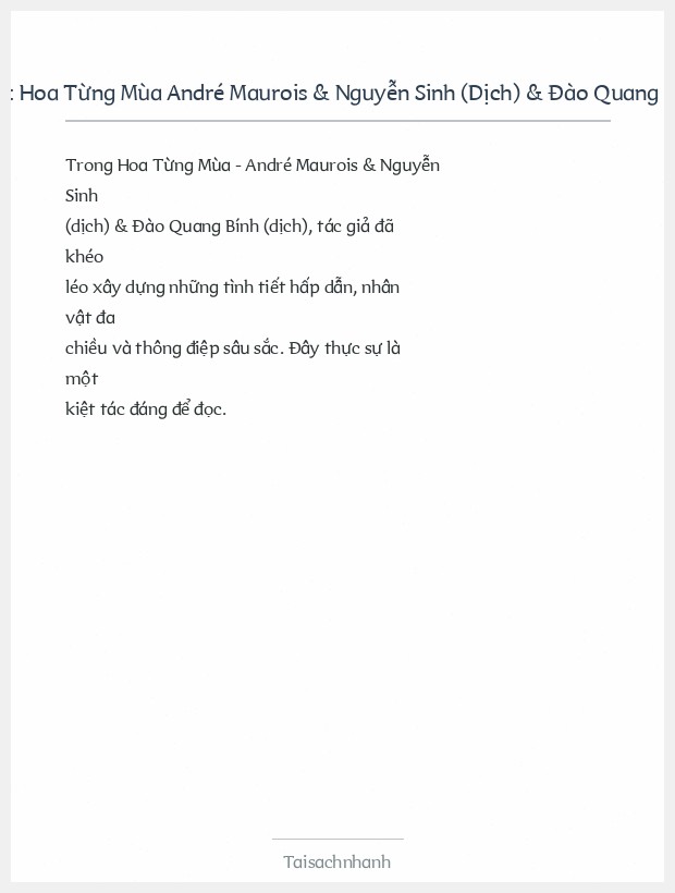 Trích đoạn Hoa Từng Mùa André Maurois & Nguyễn Sinh (Dịch) & Đào Quang Bính (Dịch)