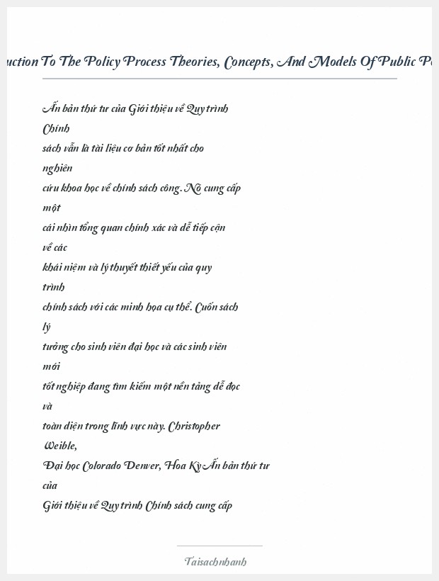 Trích đoạn Introduction To The Policy Process Theories, Concepts, And Models Of Public Policy Making 4Th