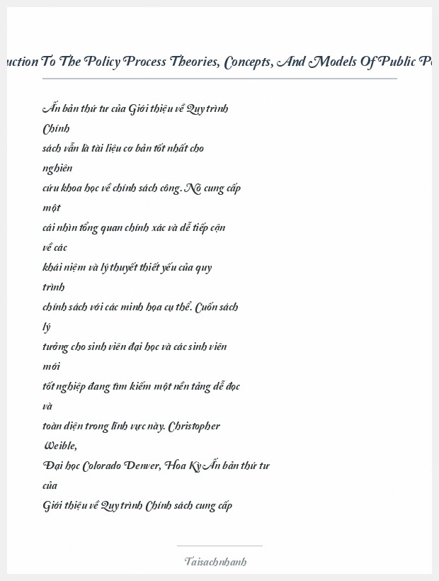 Trích đoạn Introduction To The Policy Process Theories, Concepts, And Models Of Public Policy Making 4Th