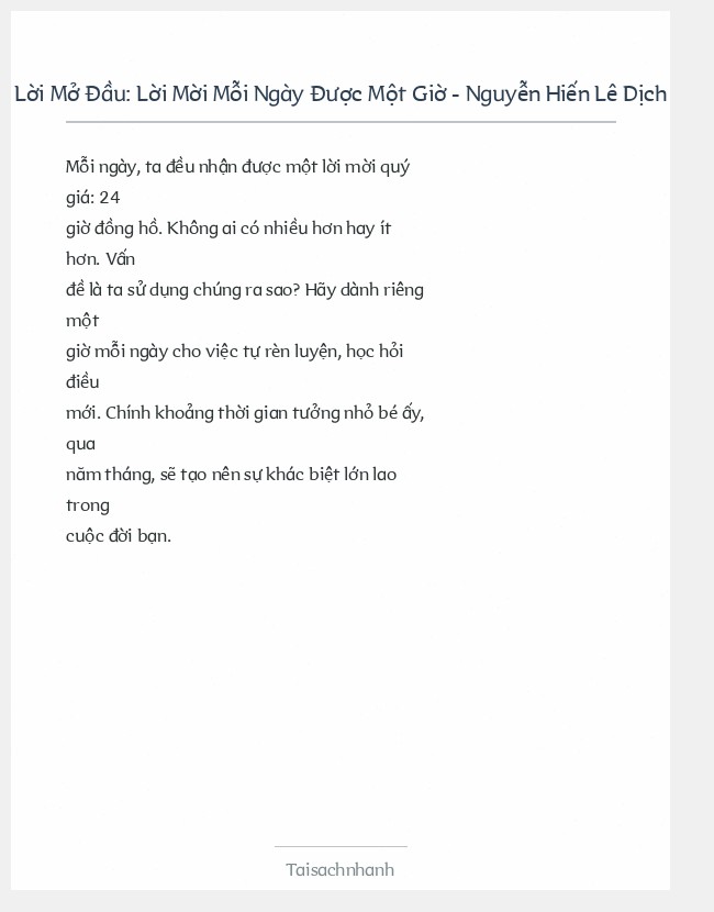Trích đoạn Lời Mời Mỗi Ngày Được Một Giờ - Nguyễn Hiến Lê Dịch