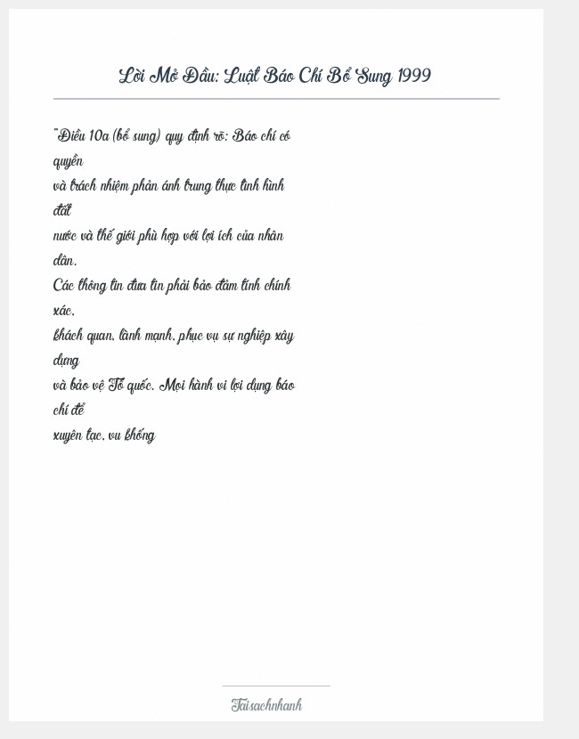 Trích đoạn Luật Báo Chí Bổ Sung 1999
