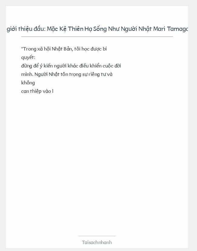 Trích đoạn Mặc Kệ Thiên Hạ Sống Như Người Nhật Mari Tamagawa
