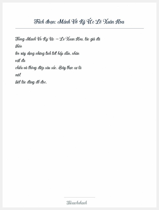 Trích đoạn Mảnh Vỡ Ký Ức Lê Xuân Hoa