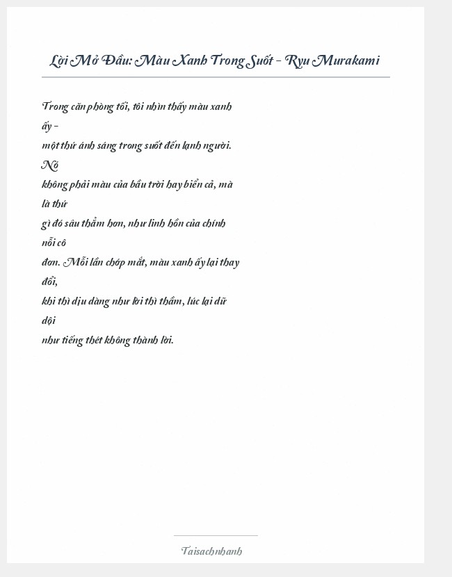 Trích đoạn Màu Xanh Trong Suốt - Ryu Murakami