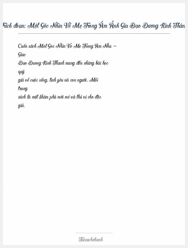 Trích đoạn Một Góc Nhìn Về Mẹ Trong Ám Ảnh Gia Đạo Dương Kinh Thánh