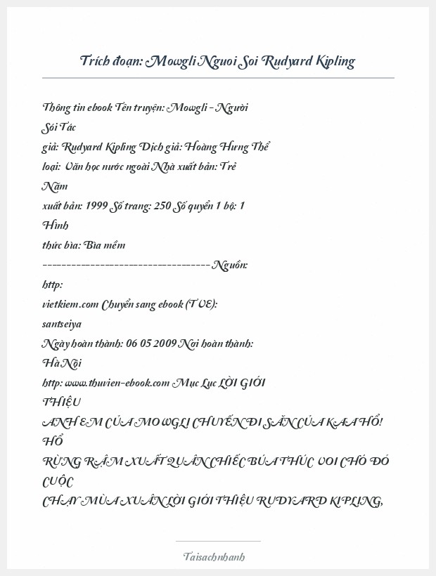 Trích đoạn Mowgli Nguoi Soi Rudyard Kipling