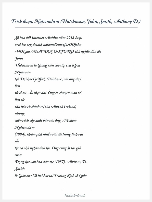 Trích đoạn Nationalism (Hutchinson, John, Smith, Anthony D.)
