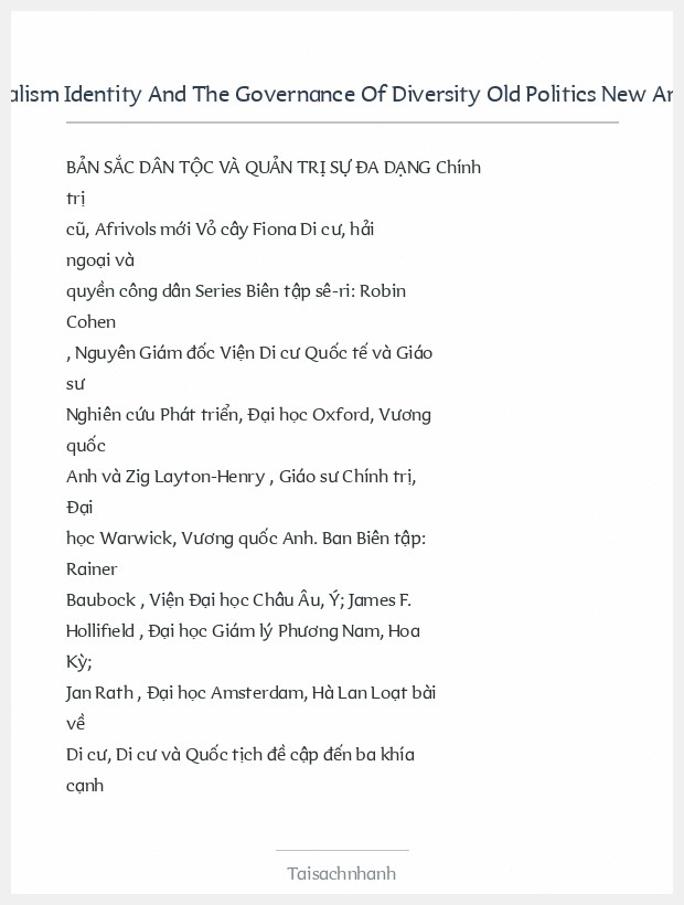 Trích đoạn Nationalism Identity And The Governance Of Diversity Old Politics New Arrivals Fiona Barker