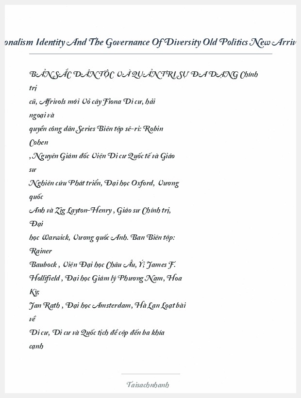 Trích đoạn Nationalism Identity And The Governance Of Diversity Old Politics New Arrivals Fiona Barker