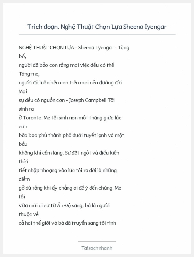 Trích đoạn Nghệ Thuật Chọn Lựa Sheena Iyengar