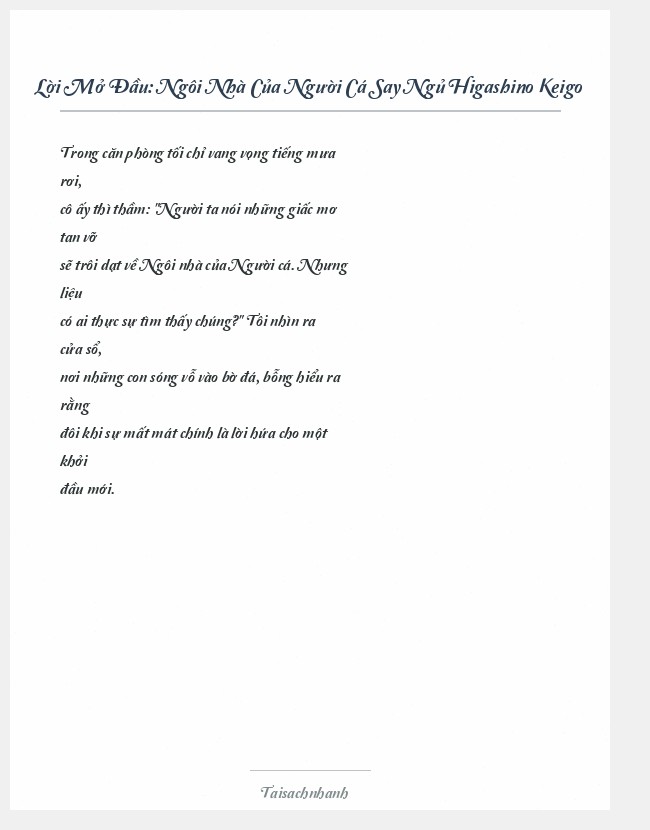 Trích đoạn Ngôi Nhà Của Người Cá Say Ngủ Higashino Keigo