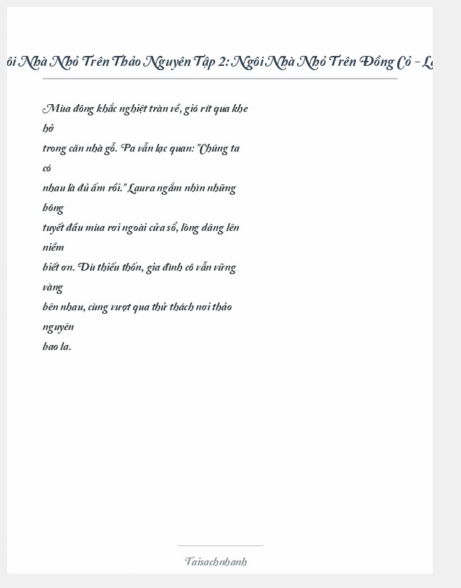 Trích đoạn Ngôi Nhà Nhỏ Trên Thảo Nguyên Tập 2: Ngôi Nhà Nhỏ Trên Đồng Cỏ - Laura Ingalls Wilder