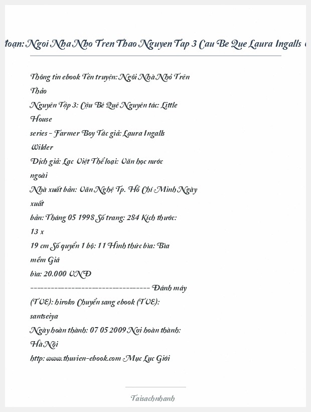 Trích đoạn Ngoi Nha Nho Tren Thao Nguyen Tap 3 Cau Be Que Laura Ingalls Wilder
