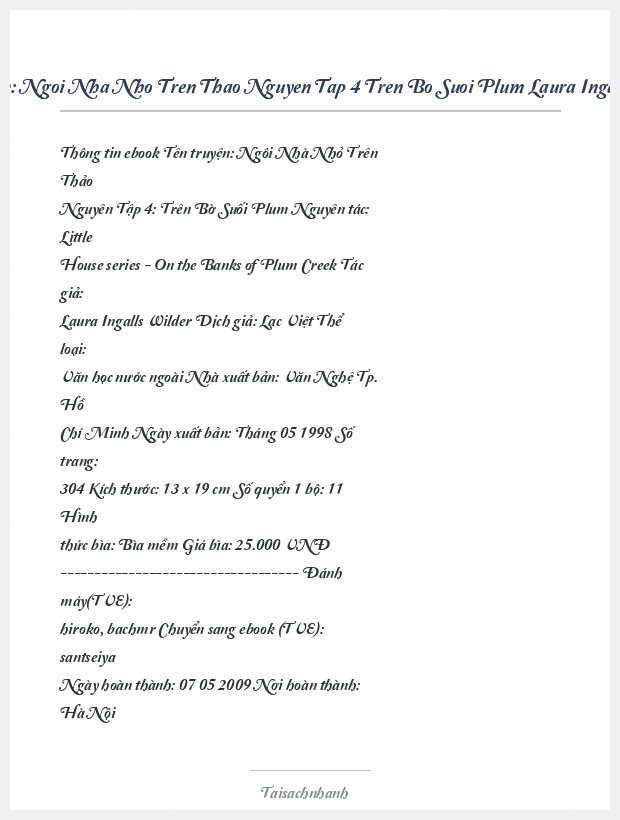 Trích đoạn Ngoi Nha Nho Tren Thao Nguyen Tap 4 Tren Bo Suoi Plum Laura Ingalls Wilder