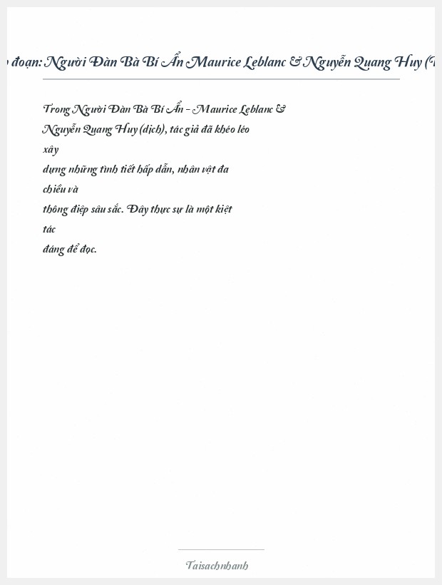 Trích đoạn Người Đàn Bà Bí Ẩn Maurice Leblanc & Nguyễn Quang Huy (Dịch)
