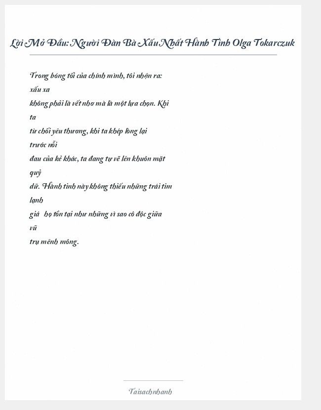 Trích đoạn Người Đàn Bà Xấu Nhất Hành Tinh Olga Tokarczuk