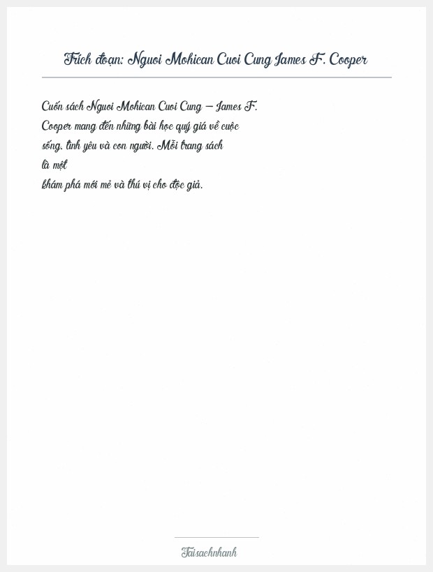Trích đoạn Nguoi Mohican Cuoi Cung James F. Cooper