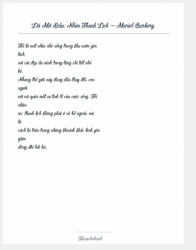 Trích đoạn Nhím Thanh Lịch - Muriel Barbery