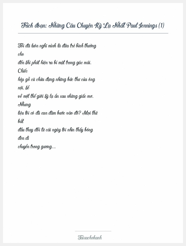 Trích đoạn Những Câu Chuyện Kỳ Lạ Nhất Paul Jennings (1)
