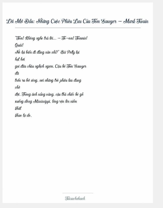 Trích đoạn Những Cuộc Phiêu Lưu Của Tom Sawyer - Mark Twain