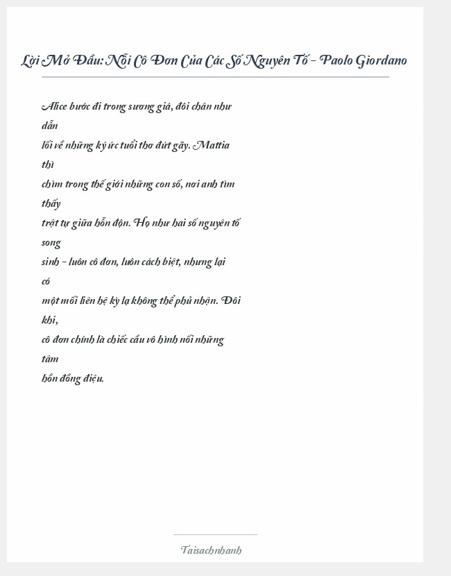 Trích đoạn Nỗi Cô Đơn Của Các Số Nguyên Tố - Paolo Giordano