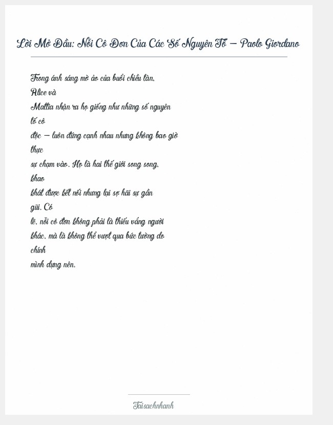 Trích đoạn Nỗi Cô Đơn Của Các Số Nguyên Tố - Paolo Giordano