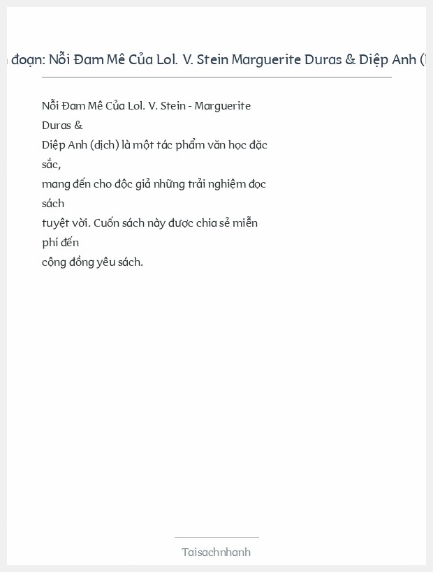 Trích đoạn Nỗi Đam Mê Của Lol. V. Stein Marguerite Duras & Diệp Anh (Dịch)