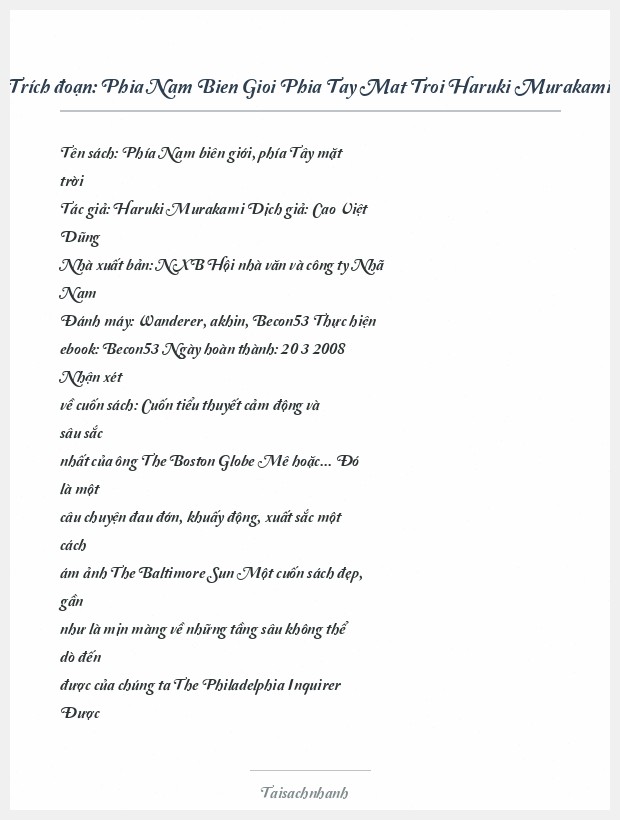 Trích đoạn Phia Nam Bien Gioi Phia Tay Mat Troi Haruki Murakami