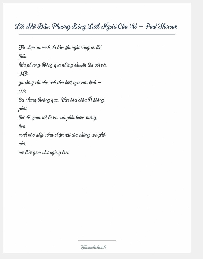 Trích đoạn Phương Đông Lướt Ngoài Cửa Sổ - Paul Theroux