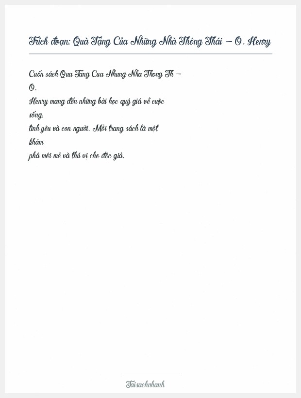 Trích đoạn Quà Tặng Của Những Nhà Thông Thái - O. Henry