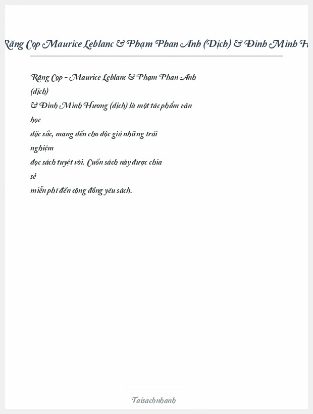 Trích đoạn Răng Cọp Maurice Leblanc & Phạm Phan Anh (Dịch) & Đinh Minh Hương (Dịch)