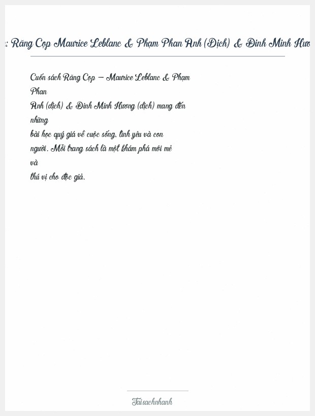 Trích đoạn Răng Cọp Maurice Leblanc & Phạm Phan Anh (Dịch) & Đinh Minh Hương (Dịch)