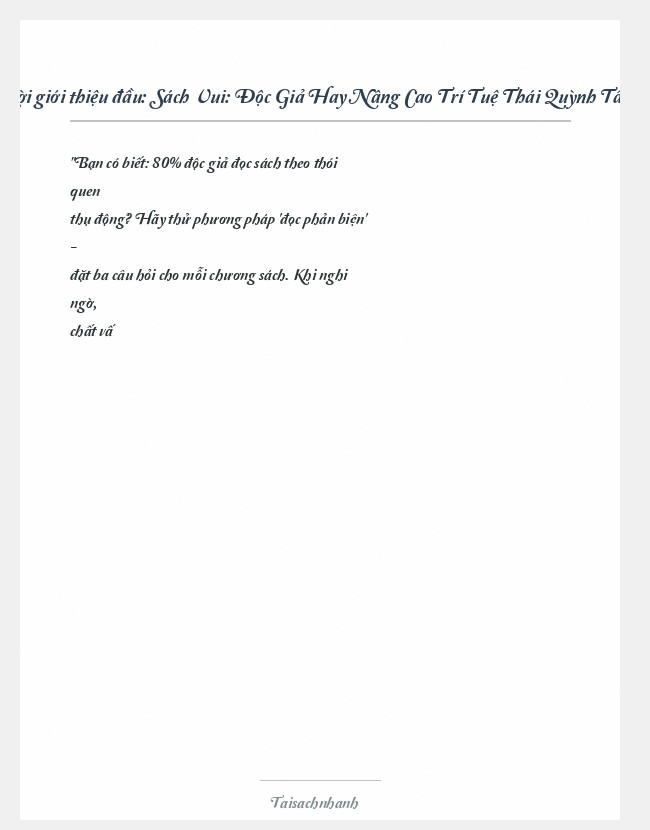 Trích đoạn Sách Vui: Độc Giả Hay Nâng Cao Trí Tuệ Thái Quỳnh Tân