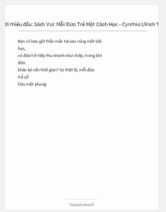 Trích đoạn Sách Vui: Mỗi Đứa Trẻ Một Cách Học - Cynthia Ulrich Tobias