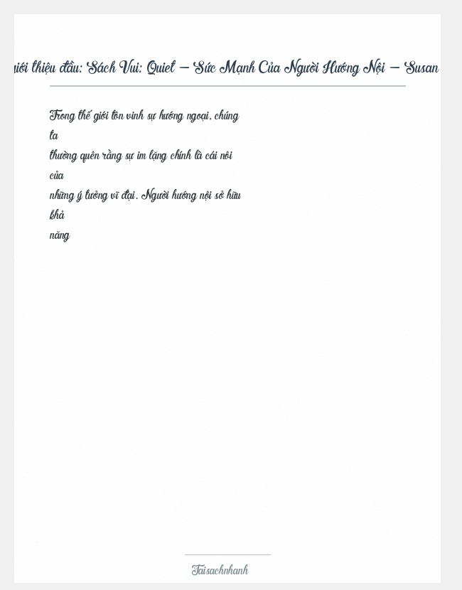 Trích đoạn Sách Vui: Quiet - Sức Mạnh Của Người Hướng Nội - Susan Cain