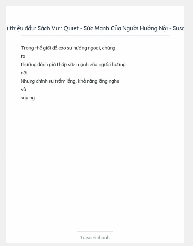 Trích đoạn Sách Vui: Quiet - Sức Mạnh Của Người Hướng Nội - Susan Cain