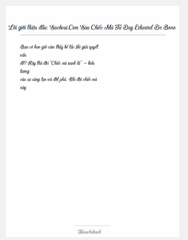 Trích đoạn Sachvui.Com Sau Chiếc Mũ Tư Duy Edward De Bono