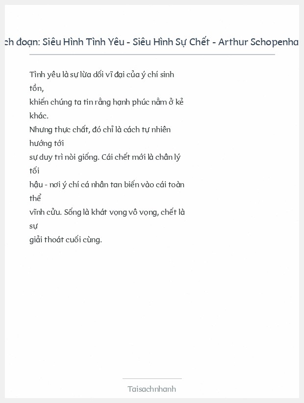 Trích đoạn Siêu Hình Tình Yêu - Siêu Hình Sự Chết - Arthur Schopenhauer