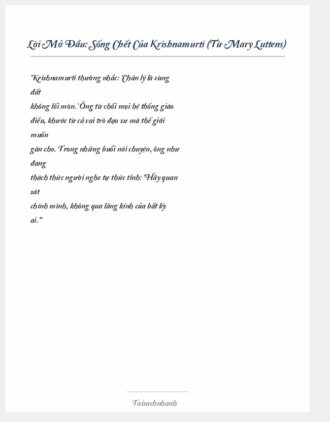 Trích đoạn Sống Chết Của Krishnamurti (Từ Mary Luttens)