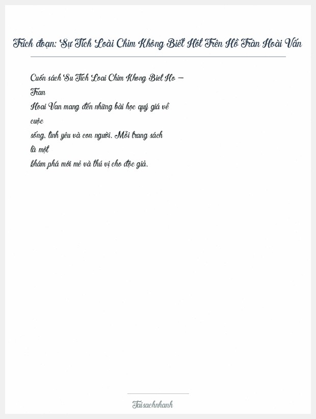 Trích đoạn Sự Tích Loài Chim Không Biết Hót Trên Hồ Tràn Hoài Vấn