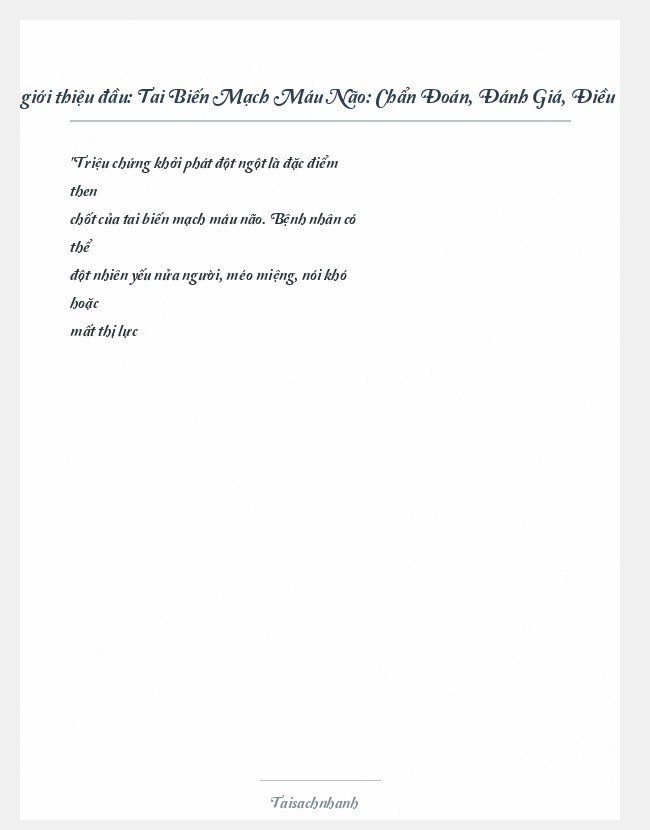 Trích đoạn Tai Biến Mạch Máu Não: Chẩn Đoán, Đánh Giá, Điều Trị