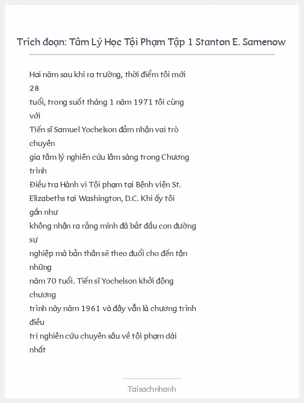 Trích đoạn Tâm Lý Học Tội Phạm Tập 1 Stanton E. Samenow