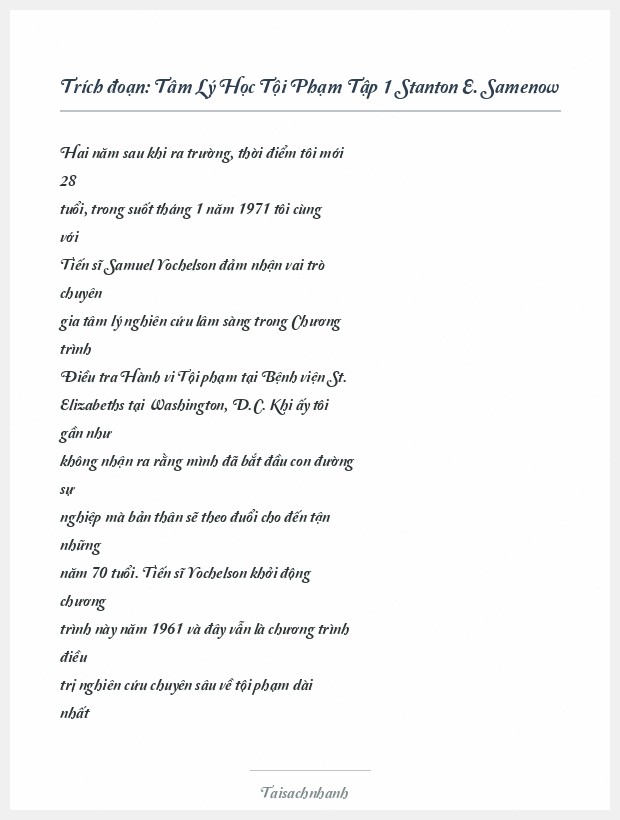 Trích đoạn Tâm Lý Học Tội Phạm Tập 1 Stanton E. Samenow