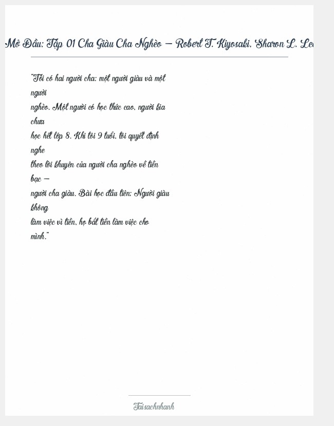 Trích đoạn Tập 01 Cha Giàu Cha Nghèo - Robert T. Kiyosaki, Sharon L. Lechter