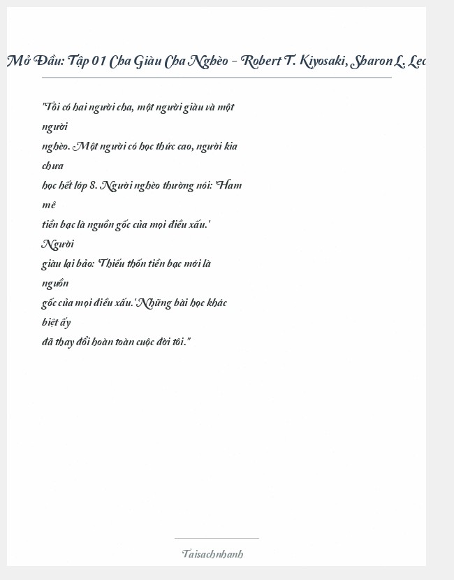 Trích đoạn Tập 01 Cha Giàu Cha Nghèo - Robert T. Kiyosaki, Sharon L. Lechter