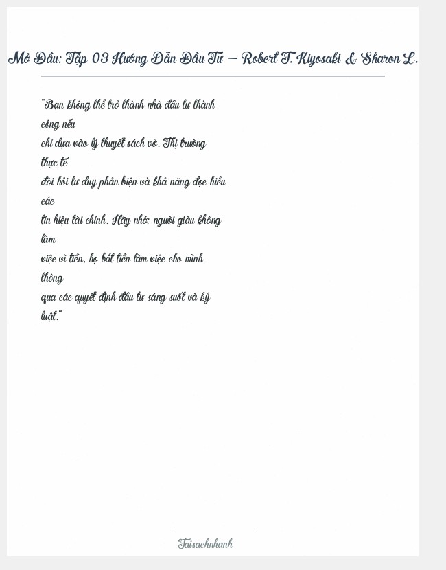 Trích đoạn Tập 03 Hướng Dẫn Đầu Tư - Robert T. Kiyosaki & Sharon L. Le