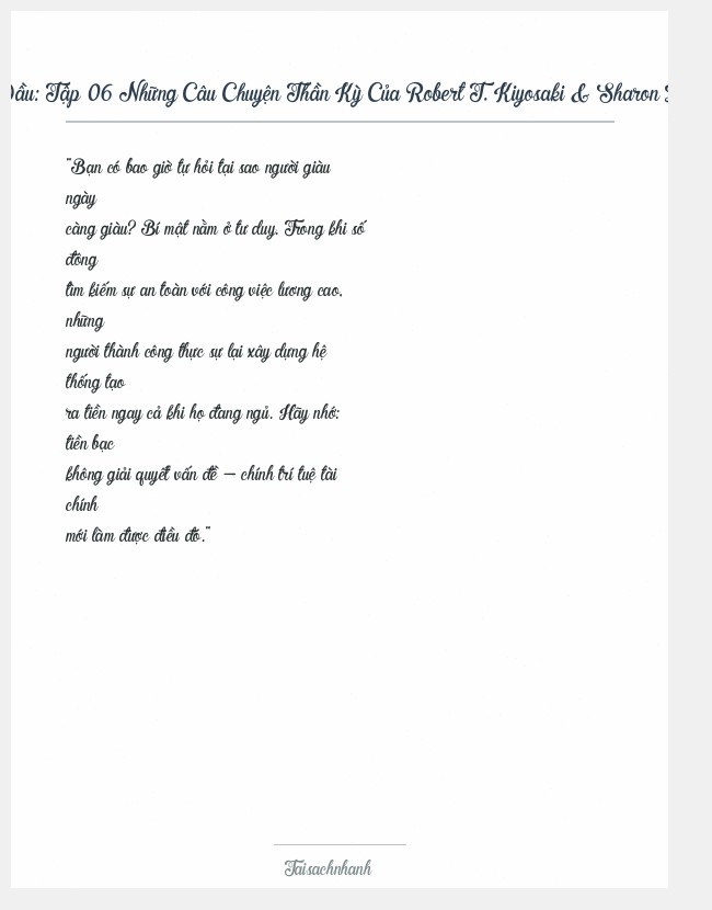 Trích đoạn Tập 06 Những Câu Chuyện Thần Kỳ Của Robert T. Kiyosaki & Sharon L. Lechter