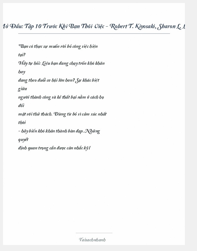 Trích đoạn Tập 10 Trước Khi Bạn Thôi Việc - Robert T. Kiyosaki, Sharon L. Lechter