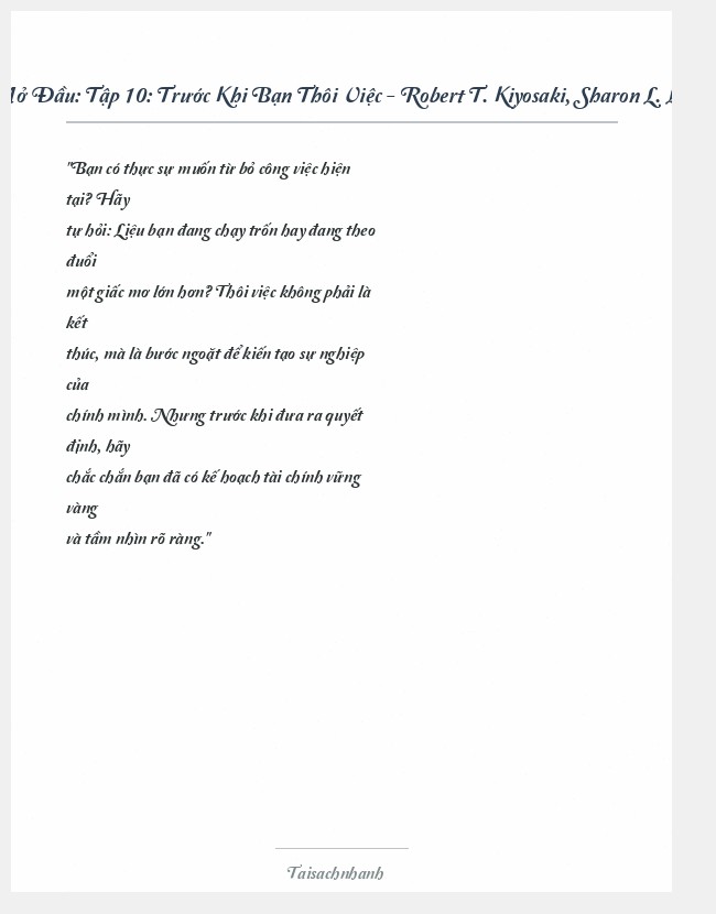 Trích đoạn Tập 10: Trước Khi Bạn Thôi Việc - Robert T. Kiyosaki, Sharon L. Lechter