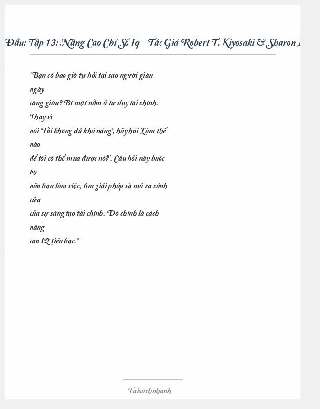 Trích đoạn Tập 13: Nâng Cao Chỉ Số Iq - Tác Giả Robert T. Kiyosaki & Sharon L. Lechter
